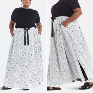 Pari Passu Egret White Cotton Eyelet Maxi Skirt‎ Floral Embroidery Pockets Sz 20
